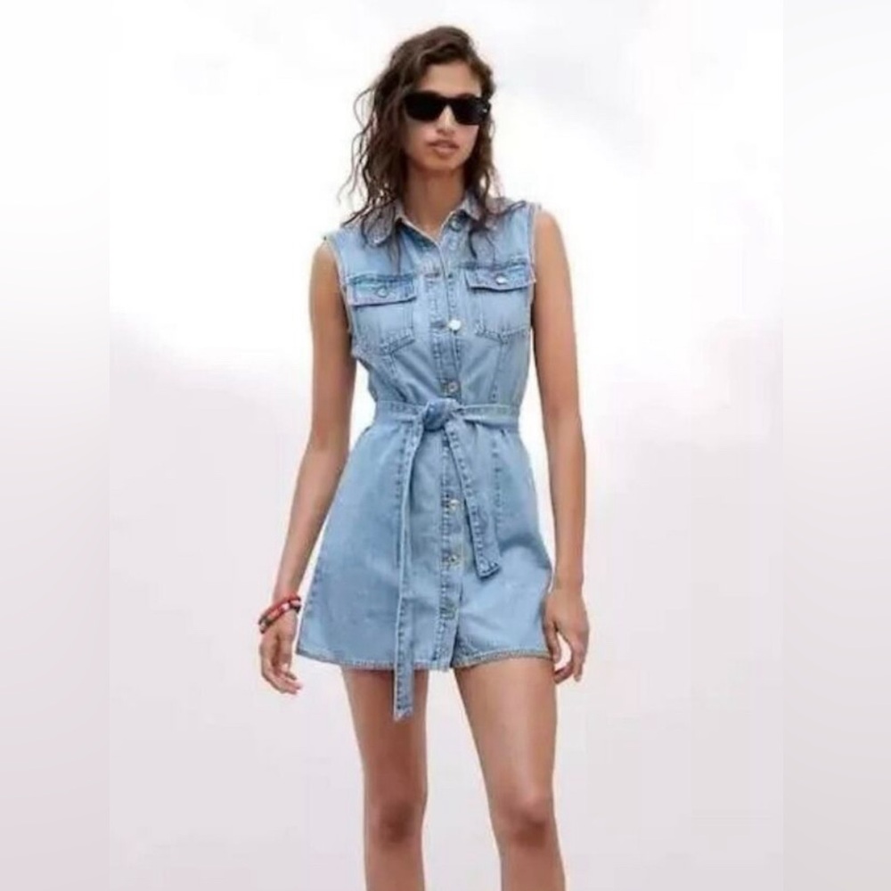 Zara Women’s Denim Sleeveless Dress With Tie